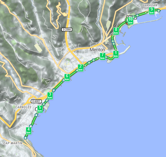 Plan de la course Ronde des plages 10k de Menton Sun Race 2026