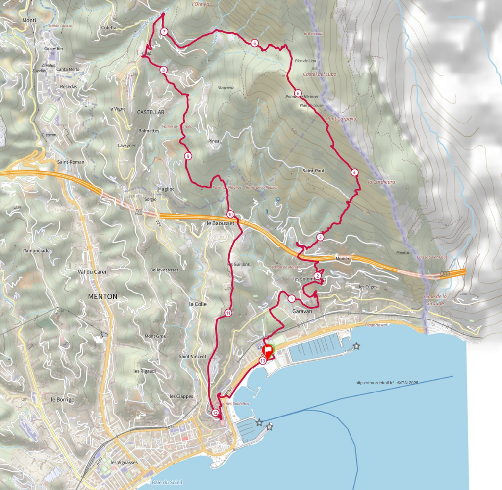 Détail de la trace du trail 13k Menton Sun Race 2026